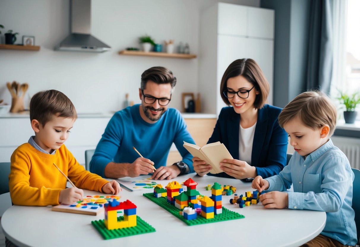 A family sitting around a table, each engaged in their own hobby. A child painting, a parent knitting, another reading, while the youngest plays with building blocks