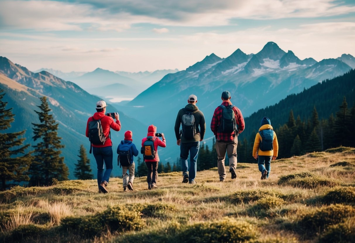 A family hiking together in a scenic mountain landscape, with each member carrying their own camera and capturing the breathtaking views