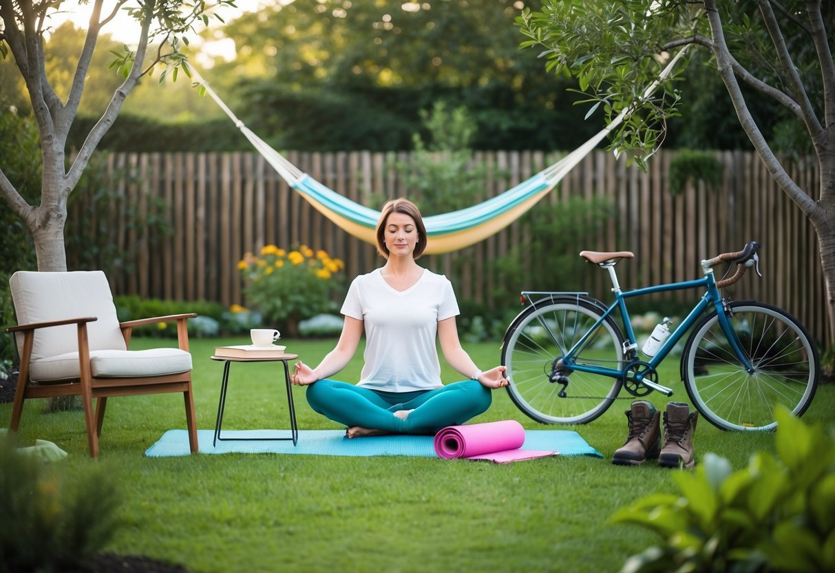 A serene garden with a person meditating, a book and a cup of tea on a table, a hammock hanging between two trees, a yoga mat on the grass, a bicycle leaning against a fence, and a pair of hiking boots by the door