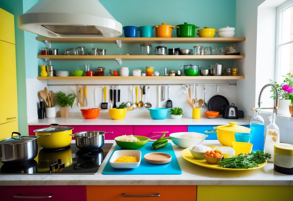 A colorful kitchen with various cooking stations, utensils, and ingredients. Bright and inviting atmosphere with a mix of traditional and modern cooking tools