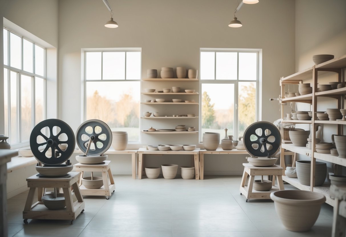 A serene pottery studio with spinning wheels, shelves of clay, and tools for molding and shaping. Soft natural light filters in through large windows, creating a peaceful atmosphere for creative expression