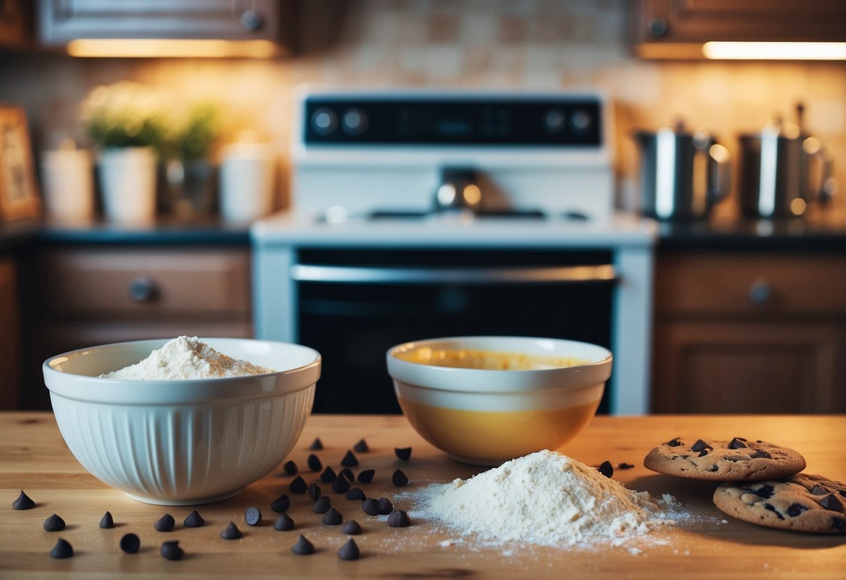 A cozy kitchen with a mixing bowl, flour, and chocolate chips scattered on the counter. A warm oven and the smell of freshly baked cookies fill the air