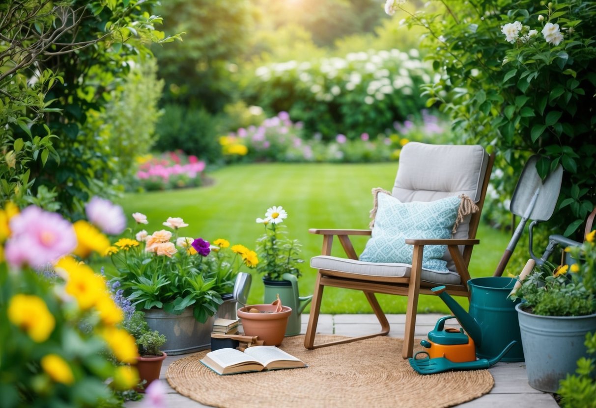 A peaceful garden with blooming flowers, a cozy chair, gardening tools, and a book, surrounded by lush greenery and a tranquil atmosphere