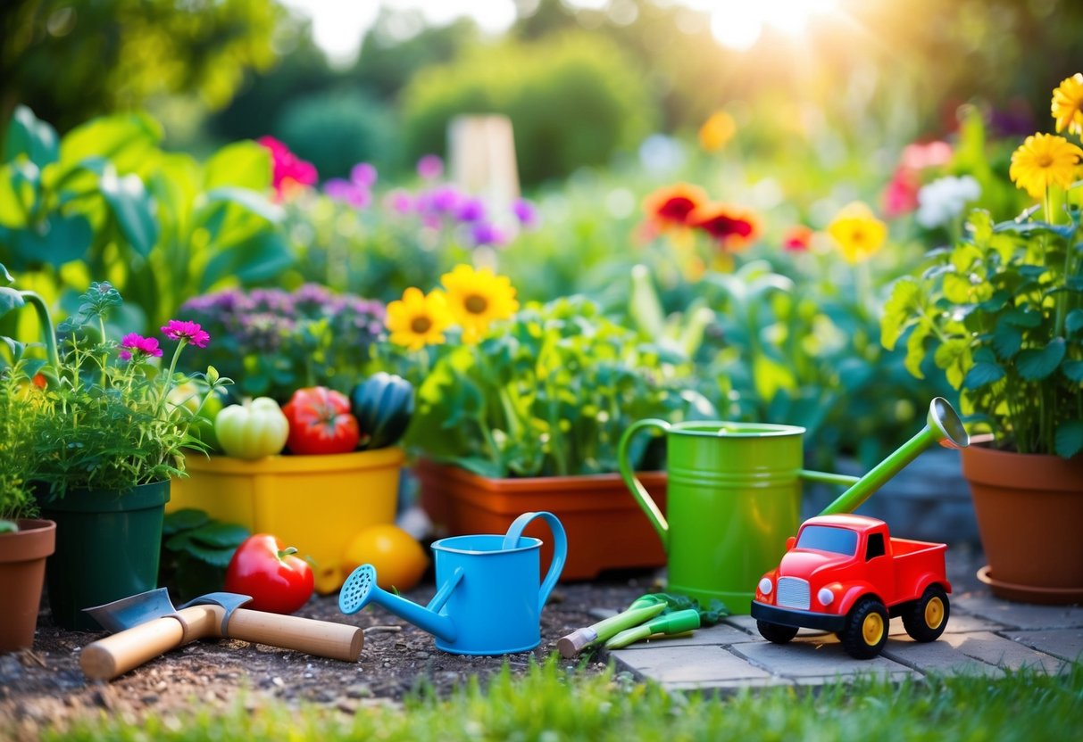 A colorful garden with a mix of flowers, vegetables, and herbs. A child's toy truck sits next to a small watering can, while gardening tools are scattered around. The sun shines down on the peaceful scene