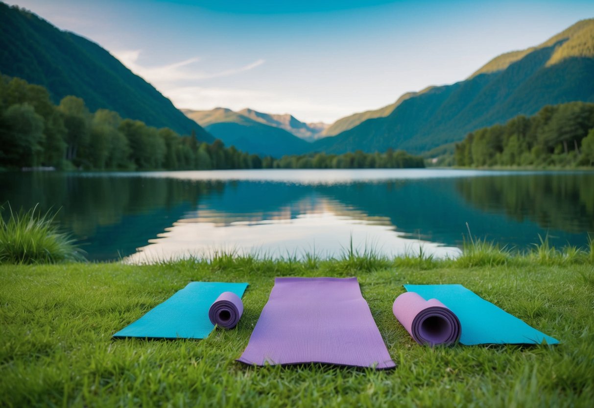 A serene, natural setting with a tranquil lake, surrounded by lush greenery and mountains. A yoga mat and props are laid out on the grass, inviting relaxation and rejuvenation