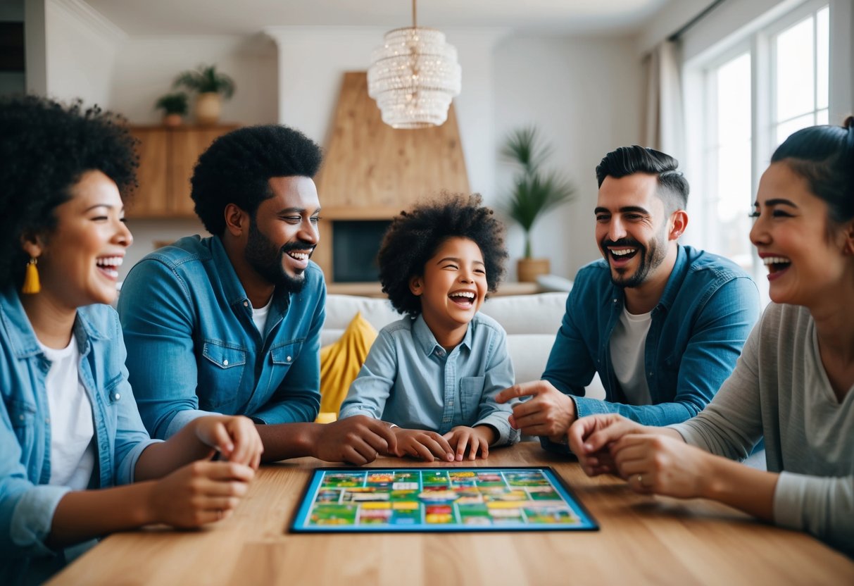 A cozy living room table with a colorful board game, surrounded by family members laughing and enjoying their hobbies together