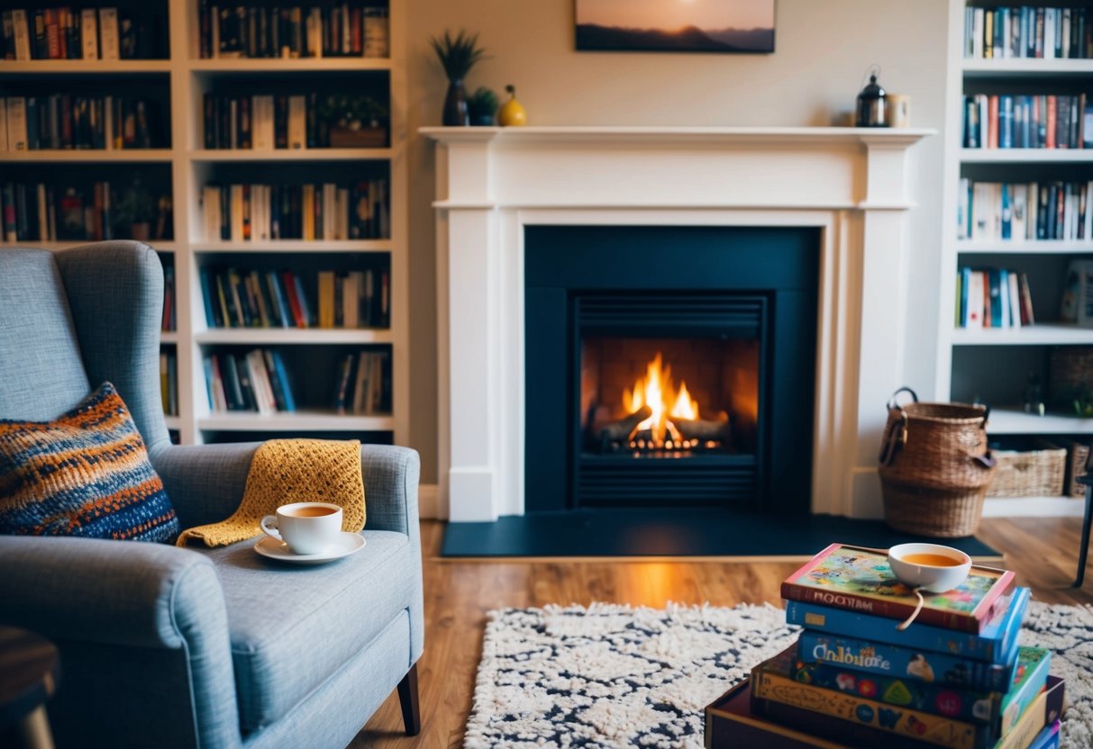 A cozy living room with a crackling fireplace, surrounded by shelves of books and a comfortable armchair. A warm cup of tea sits on a side table, next to a stack of board games and a knitting project