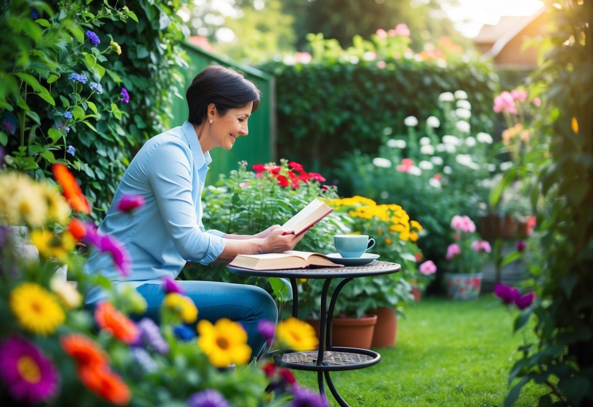 A parent gardening in a lush backyard, surrounded by colorful flowers, with a book and a cup of tea on a nearby table