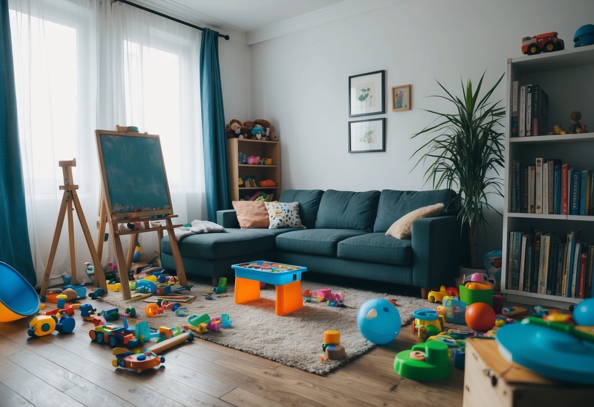 A cluttered living room with toys strewn about, a neglected easel and paint set in the corner, and a shelf of dusty books waiting to be read