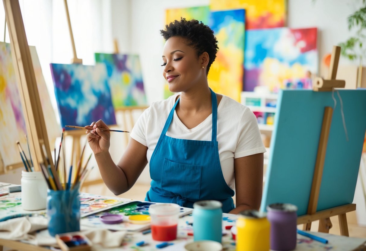 A parent peacefully painting in a sunlit studio, surrounded by colorful canvases and art supplies, with a serene expression on their face