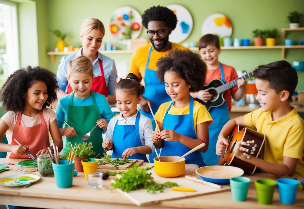 A group of kids and adults engage in various hobbies, including painting, gardening, cooking, and playing instruments, in a colorful and lively setting