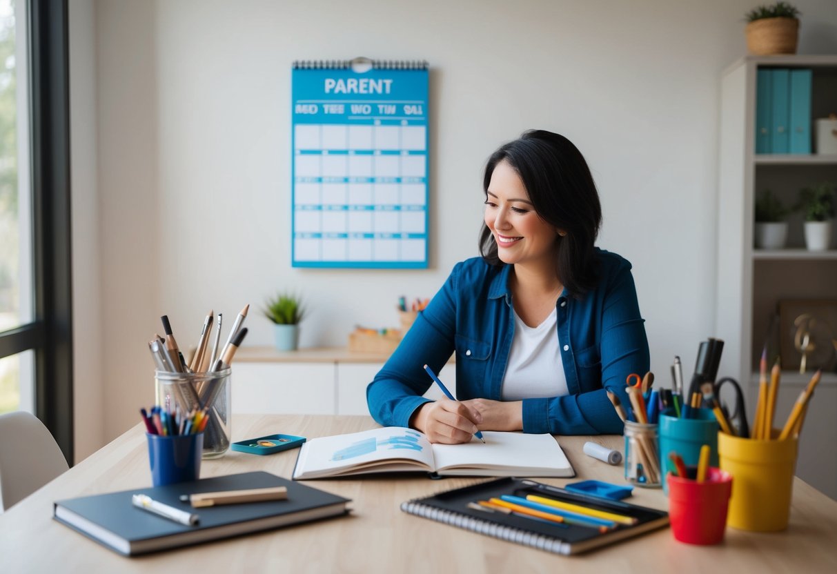 A parent sitting at a table, surrounded by art supplies and a sketchbook, with a calendar on the wall displaying scheduled hobby time