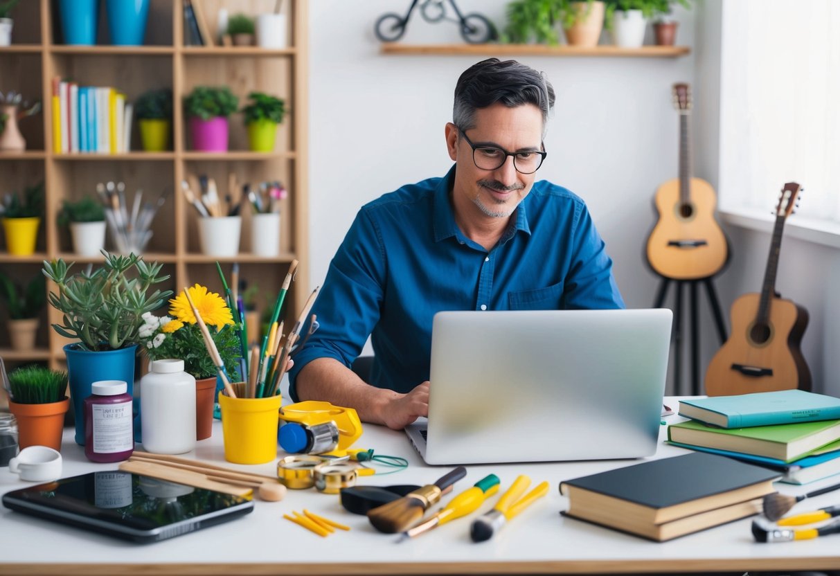 A parent sitting at a table, surrounded by their hobbies - painting supplies, gardening tools, musical instruments, books, and a laptop