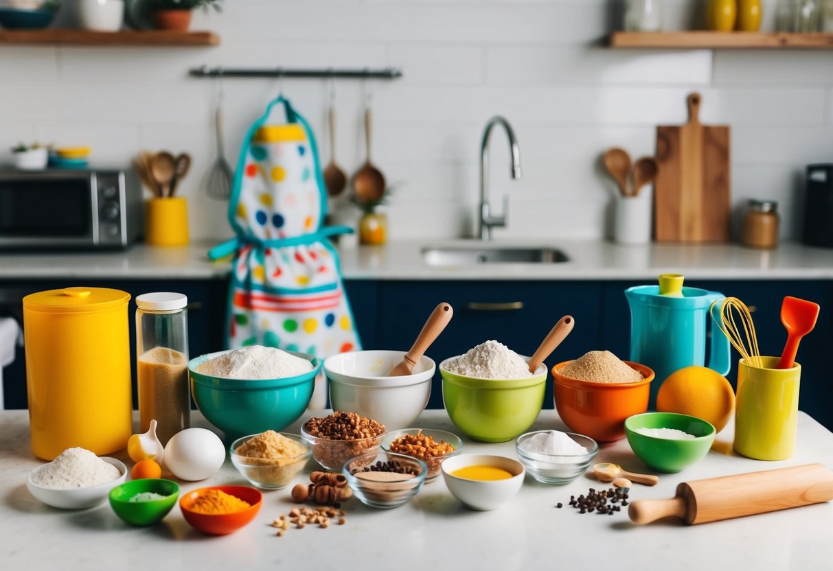 A colorful array of ingredients and mixing tools spread across a kitchen counter, with a child-sized apron and rolling pin nearby