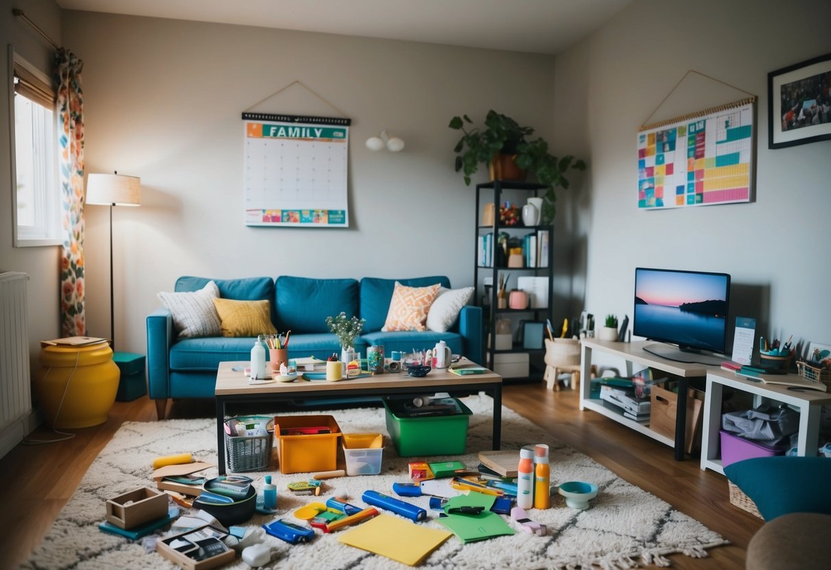 A cozy living room with a cluttered coffee table, scattered art supplies, and a colorful family calendar hanging on the wall