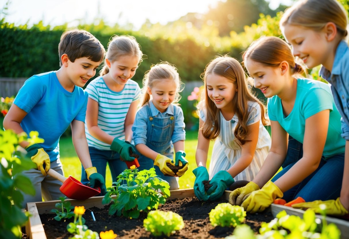 A group of children and adults are gardening together, planting flowers and vegetables in a sunny backyard. Laughter and conversation fill the air as they work side by side