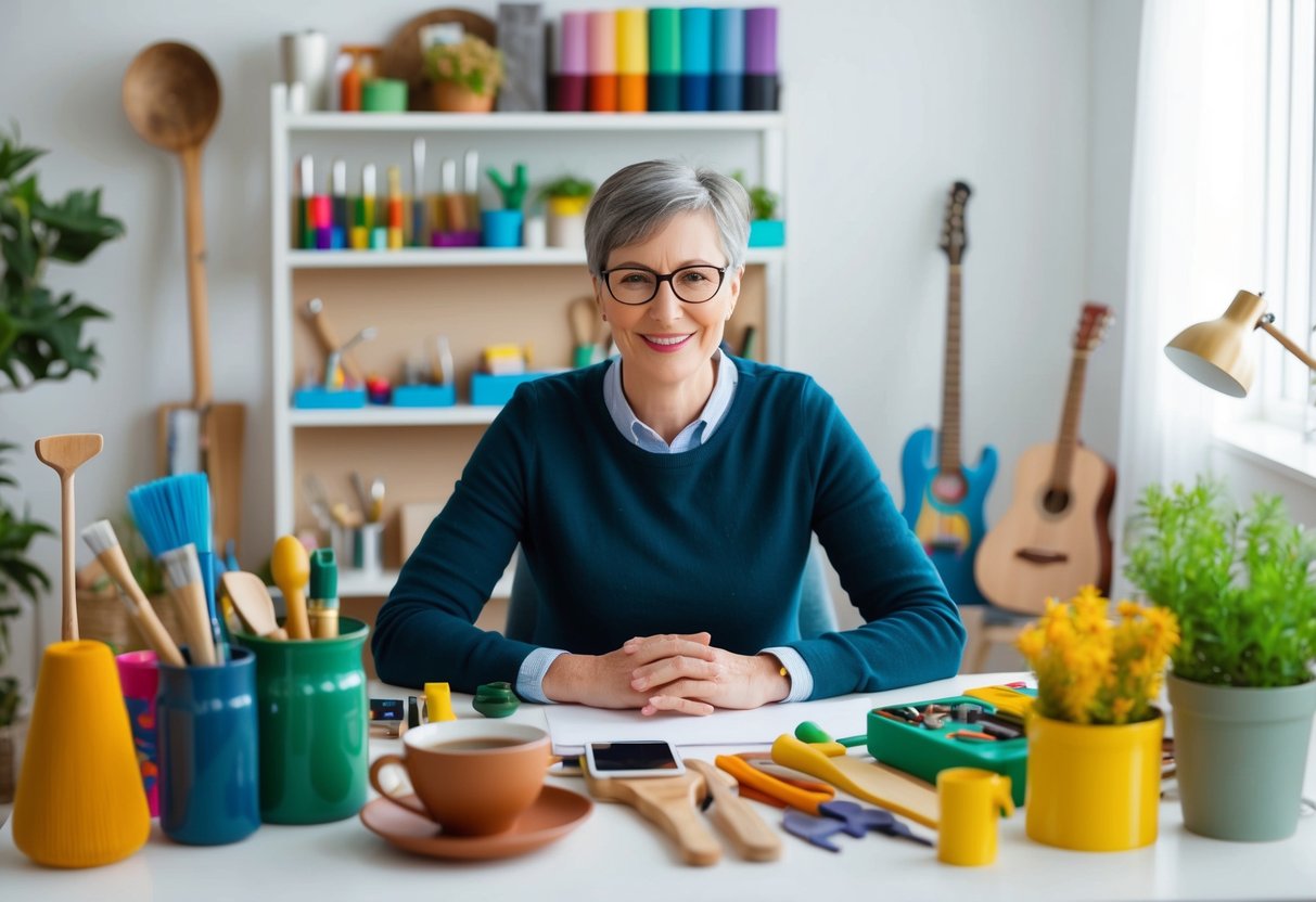 A parent sitting at a desk surrounded by art supplies, musical instruments, and gardening tools, with a warm cup of tea nearby