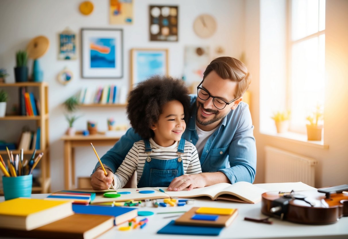 A parent enjoying a hobby with their child, surrounded by art supplies, books, and musical instruments in a cozy, sunlit room