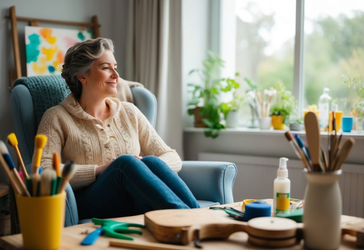 A parent sitting in a cozy chair, surrounded by art supplies, gardening tools, or musical instruments, with a peaceful expression on their face