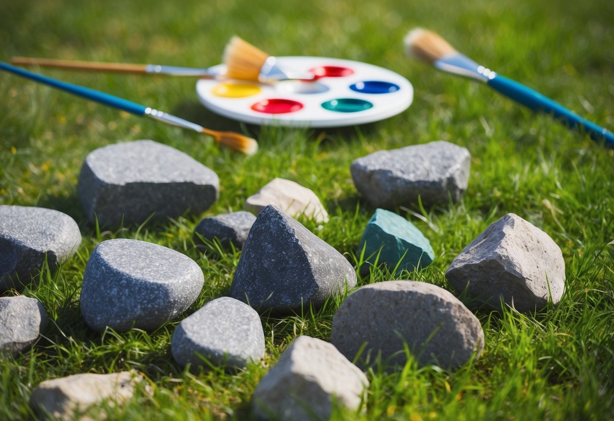 A group of rocks of various shapes and sizes scattered on a grassy area, with paintbrushes and colorful paint palettes nearby