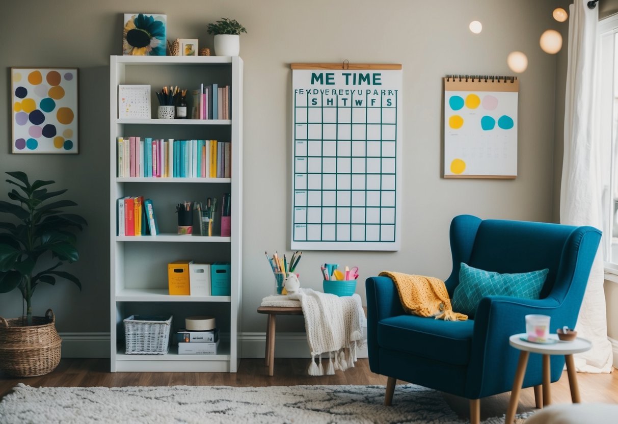 A cozy living room with a bookshelf, art supplies, and a comfortable chair. A calendar on the wall marks a weekly "Me Time" slot