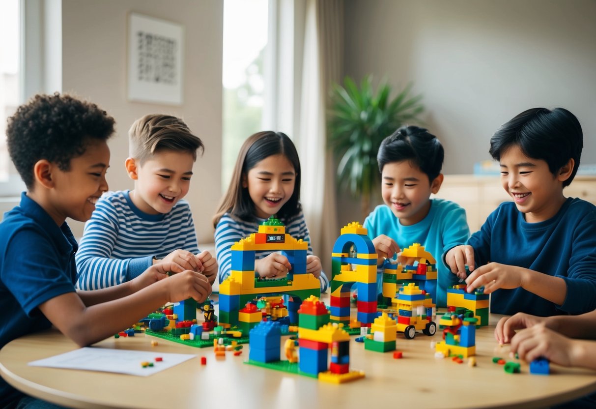 A group of children and adults are sitting around a table, building various LEGO structures together. Laughter and chatter fill the room as they work on their creations