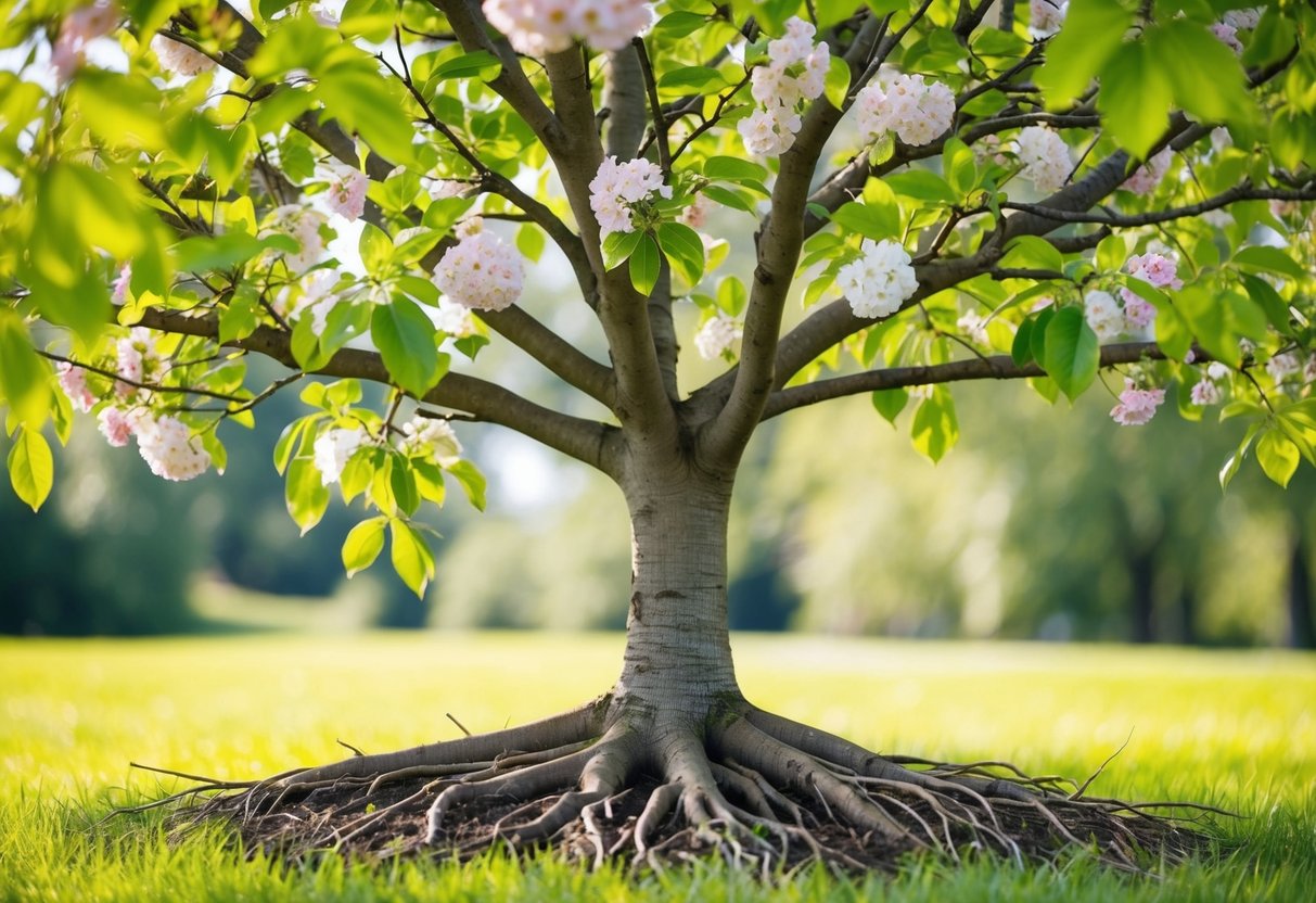 A tree with roots firmly grounded, surrounded by blooming flowers and vibrant green leaves, symbolizing growth and individuality beyond parenthood