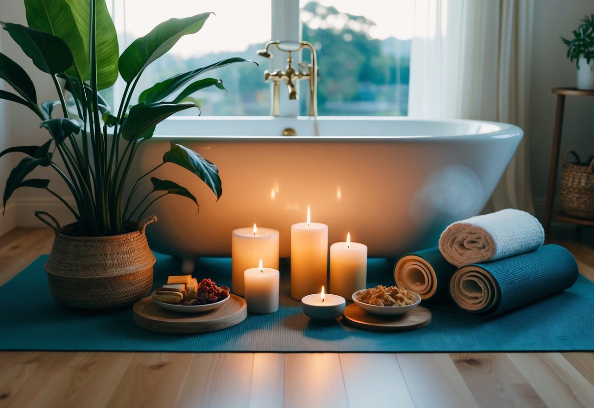 A serene setting with a warm bath, aromatic candles, a cozy book nook, nourishing snacks, a yoga mat, soothing music, and a lush green plant