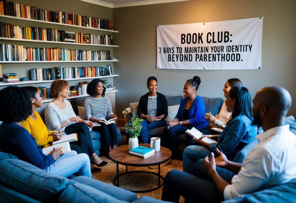 A cozy living room with a shelf filled with diverse books. A group of adults sit in a circle, engaged in lively discussion. A banner on the wall reads "Book Club: 7 Ways to Maintain Your Identity Beyond Parenthood."