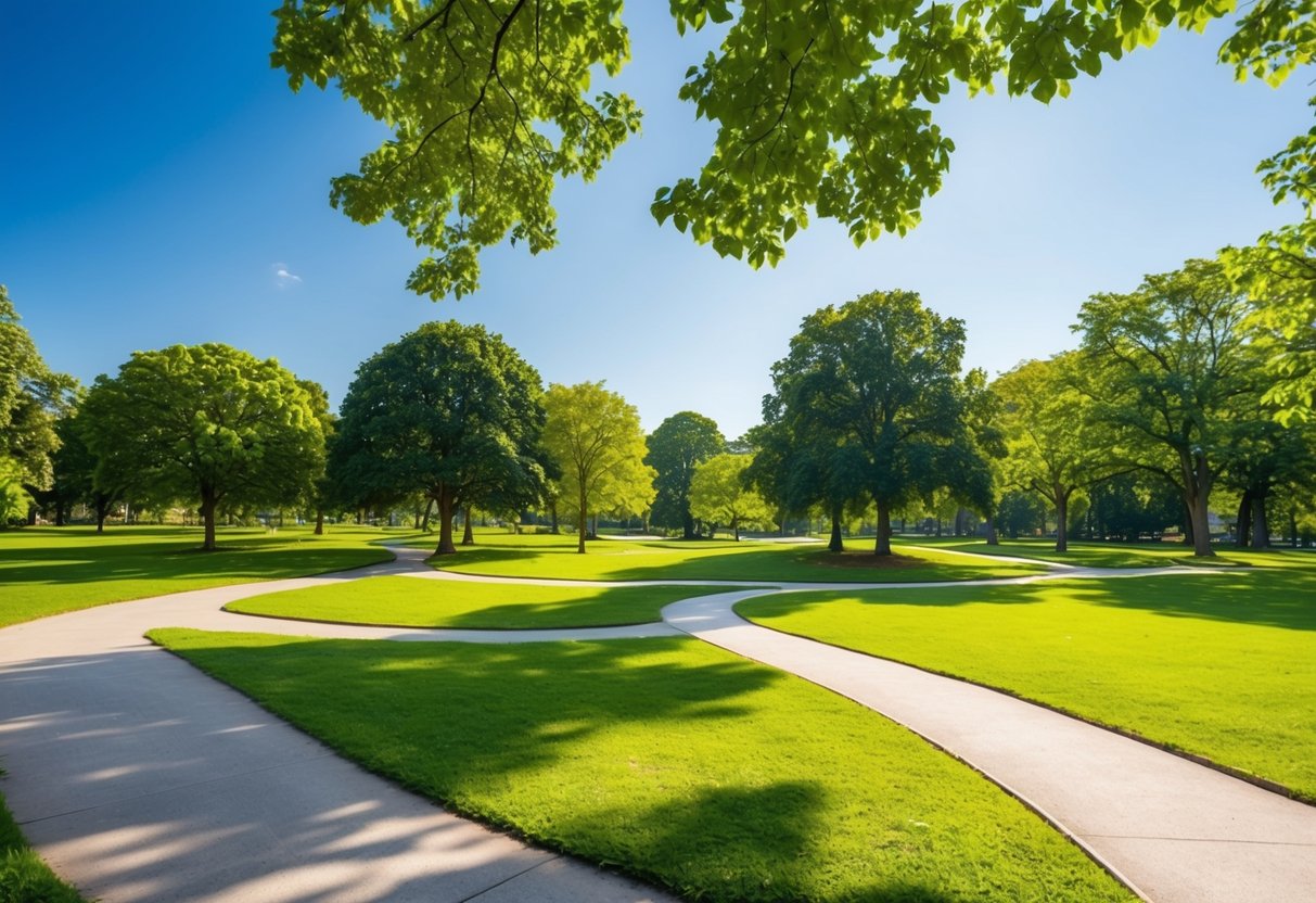 A serene park with winding paths, vibrant greenery, and a clear blue sky. Sunlight filters through the trees, casting dappled shadows on the ground