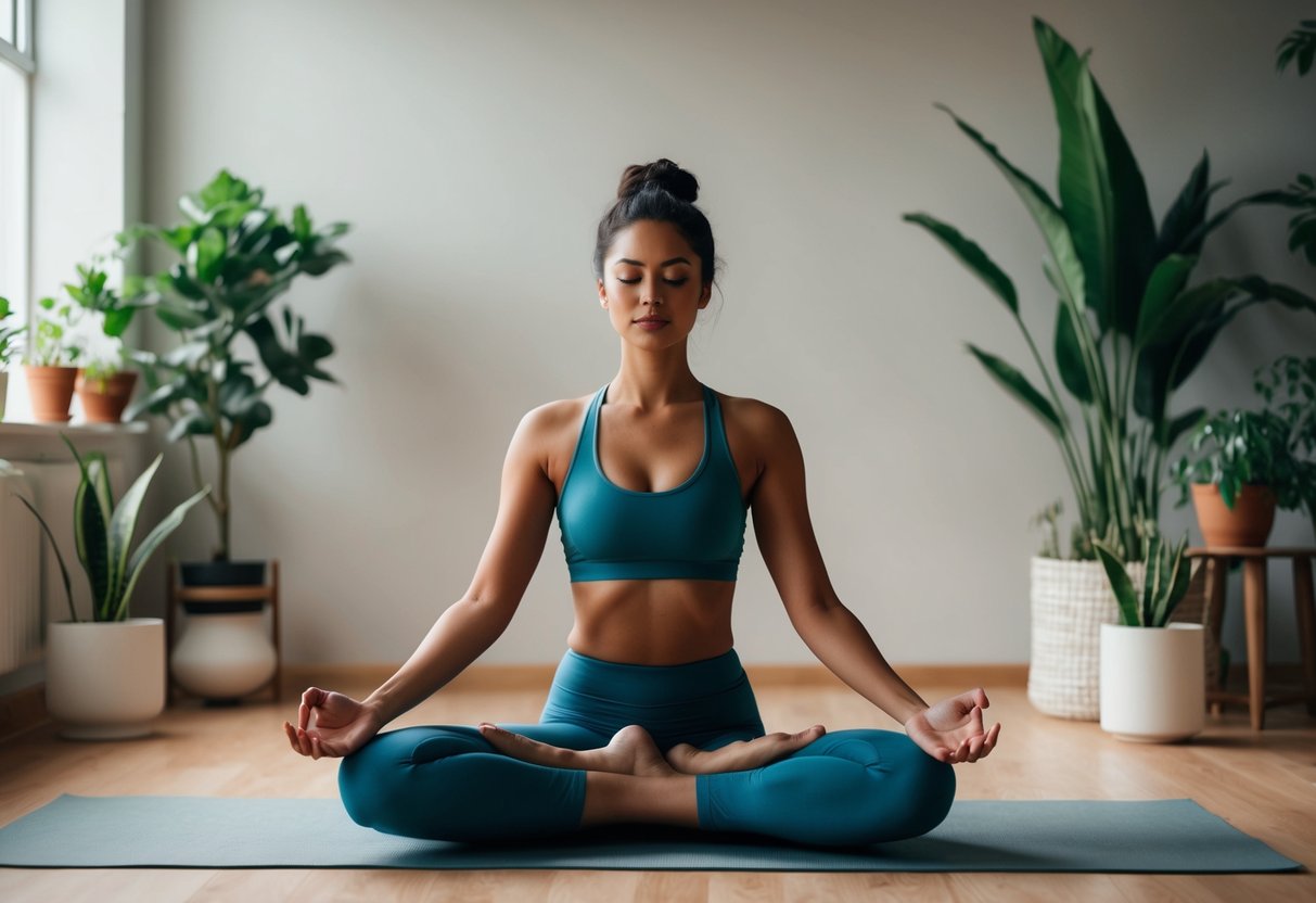 A serene figure practices yoga in a peaceful studio, surrounded by plants and natural light, embodying individuality and self-care