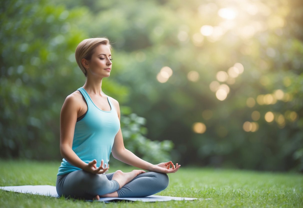 A serene setting with a calm atmosphere, featuring a person practicing deep breathing exercises surrounded by nature