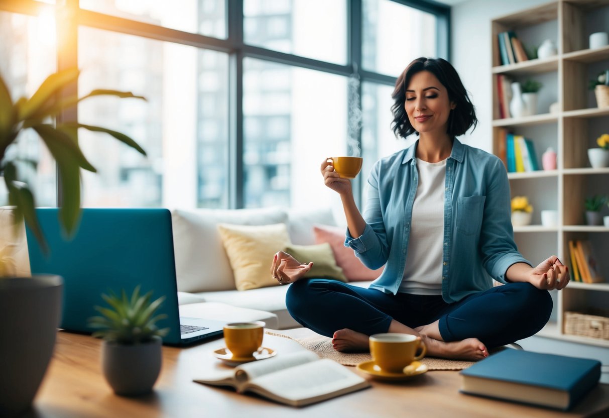 A parent juggling work and childcare finds moments for self-care: sipping tea, stretching, reading, and meditating amidst a busy day