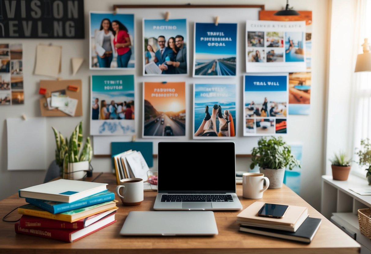 A cozy home office with a desk cluttered with parenting books, a laptop, and a mug of coffee. A vision board on the wall displays images of travel, hobbies, and personal goals