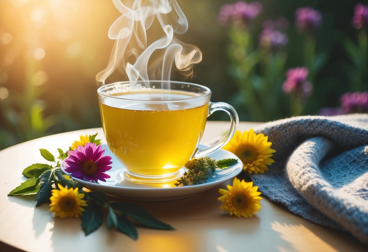 A steaming cup of herbal tea surrounded by fresh flowers and a cozy blanket on a sunlit table