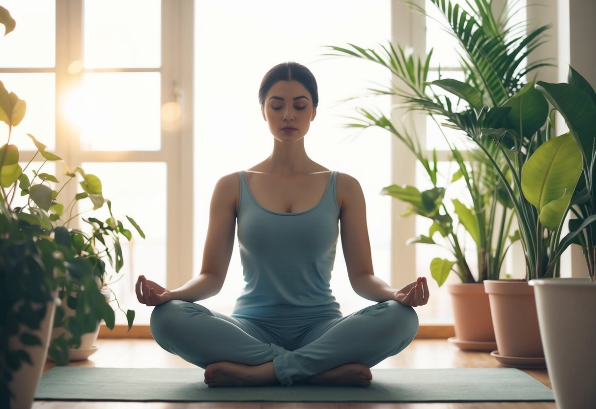 A serene figure sits cross-legged in a sunlit room, surrounded by plants and soft lighting. The atmosphere is calm and peaceful, creating a sense of tranquility and relaxation