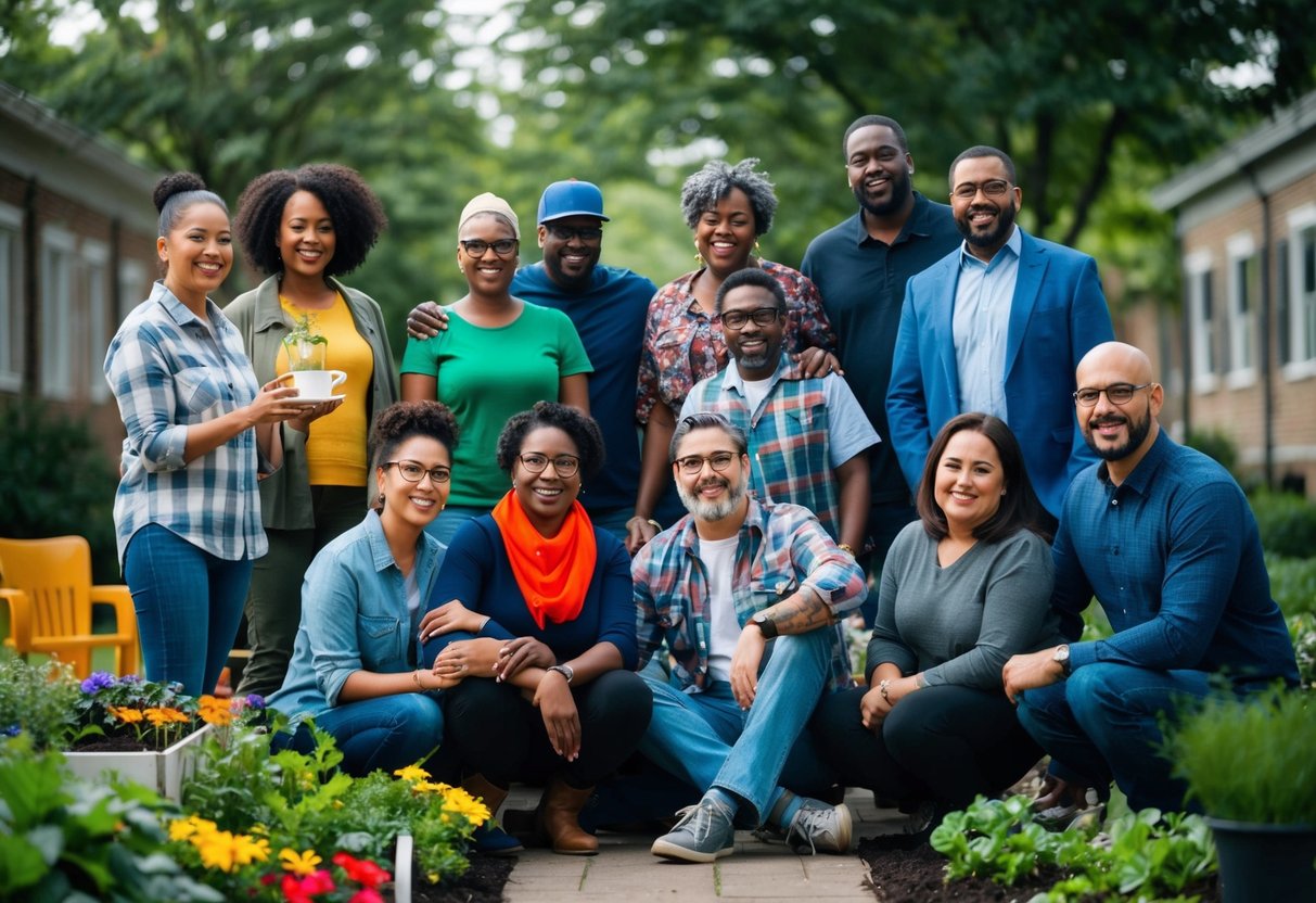 A group of diverse individuals engage in various community activities, such as gardening, tutoring, and organizing events, while maintaining their unique identities beyond parenthood