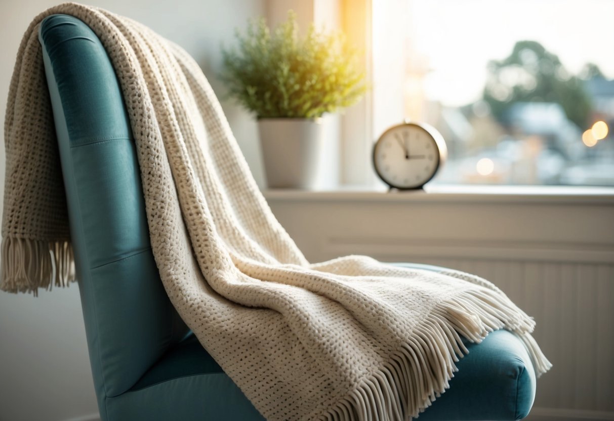 A cozy blanket draped over a cushioned chair, soft sunlight filtering through the window, a clock showing a short break