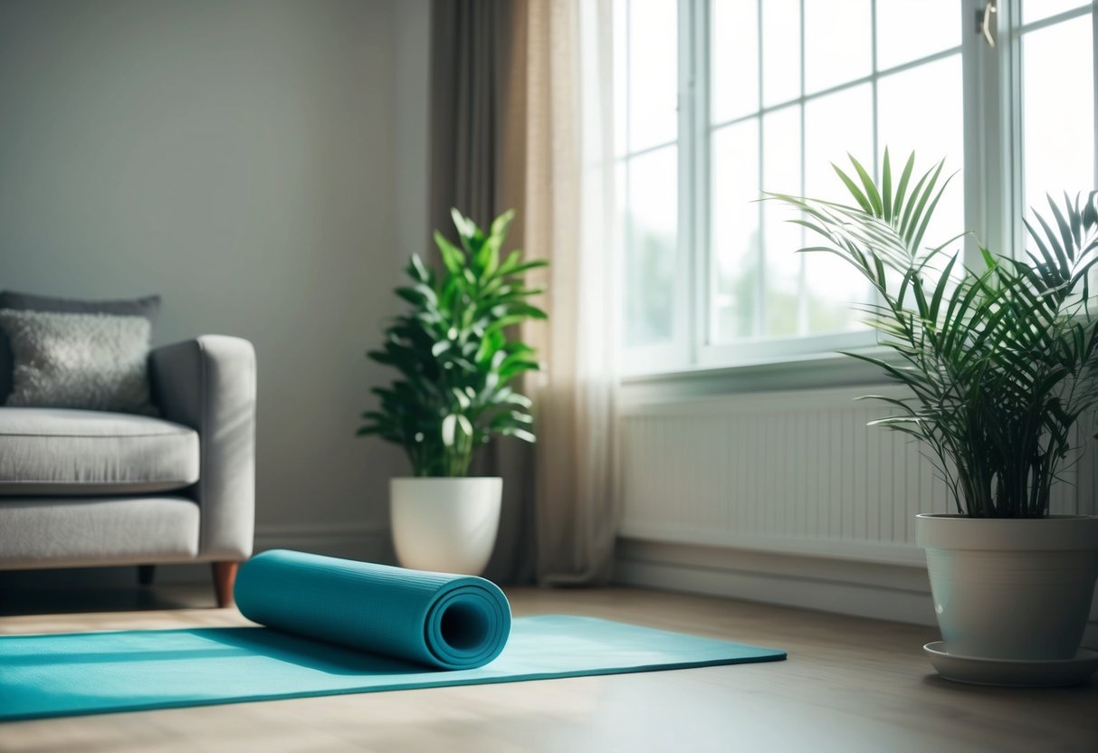 A serene living room with a yoga mat, a potted plant, and soft natural lighting streaming in through the window