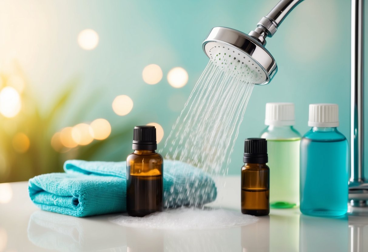 A shower head releasing steam with essential oil bottles nearby, surrounded by calming colors and soft lighting