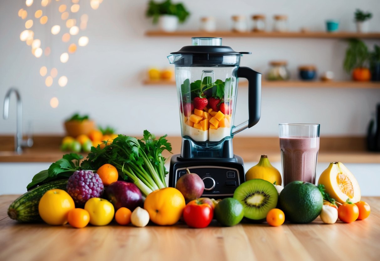 A colorful array of fresh fruits and vegetables arranged around a blender, with a glass of smoothie placed nearby