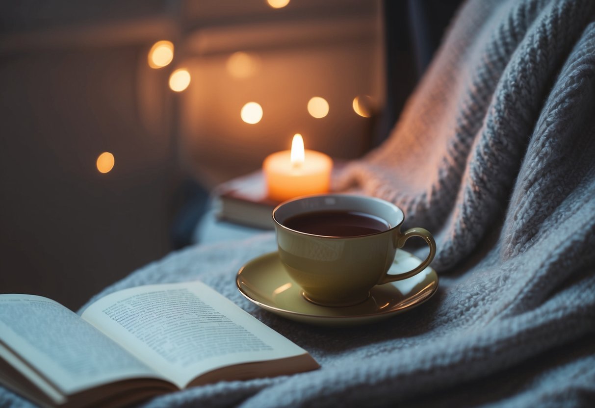 A cozy corner with a warm cup of tea, a soft blanket, a good book, and a flickering candle