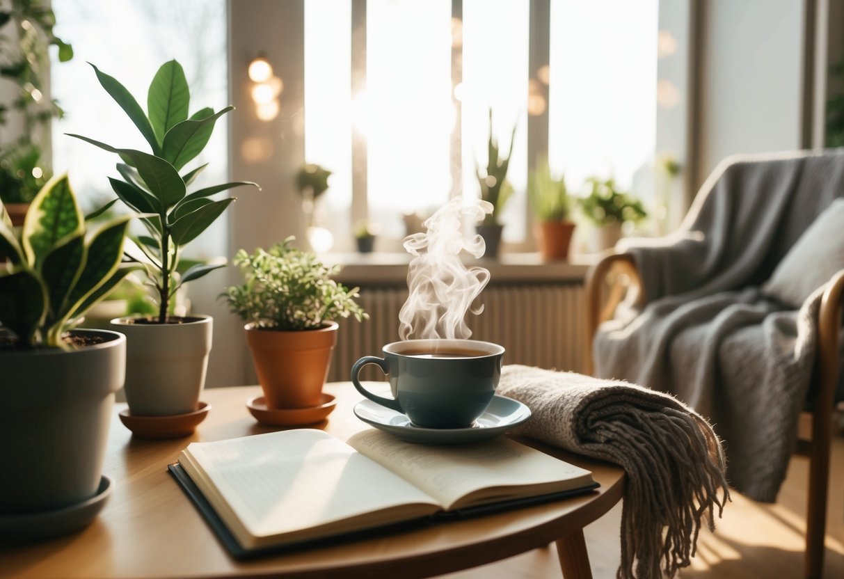 A cozy, sunlit room with a journal, steaming cup of tea, potted plants, and a soft blanket draped over a chair