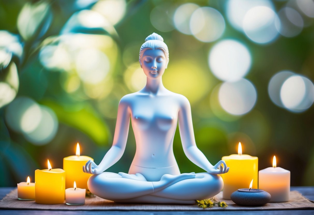 A serene figure surrounded by calming elements like nature, candles, and soft lighting, practicing mindful breathing