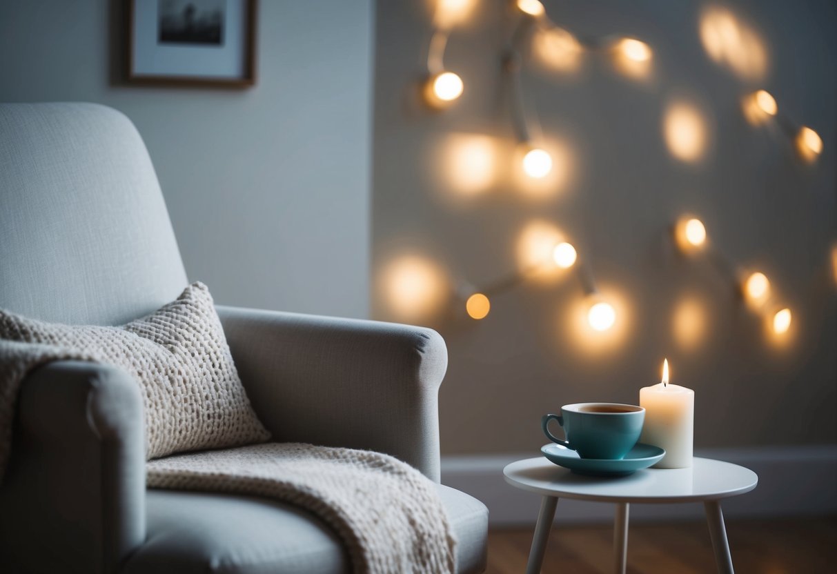 A serene setting with a cozy chair, soft lighting, and a small table with a cup of tea and a candle