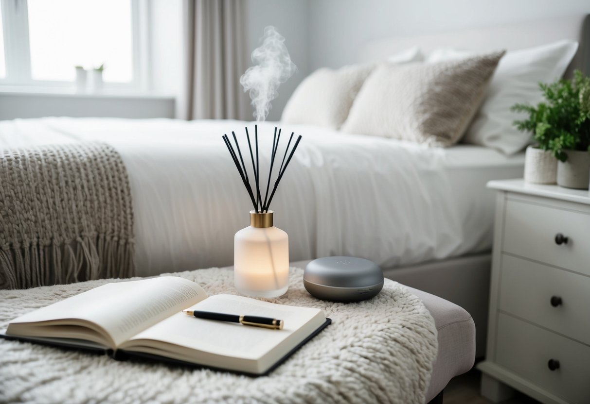 A serene and tidy bedroom with a cozy reading nook, a diffuser emitting calming scents, a journal and pen on a nightstand, and a plush rug for stretching or yoga