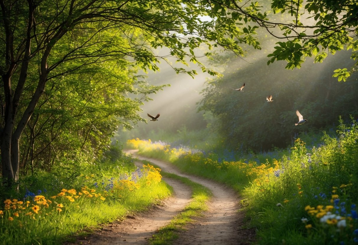 A winding forest path with dappled sunlight filtering through the leaves, birds chirping, and colorful wildflowers lining the trail