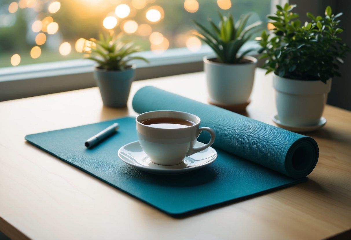 A serene morning routine: a cup of tea, yoga mat, journal, and plants in soft morning light