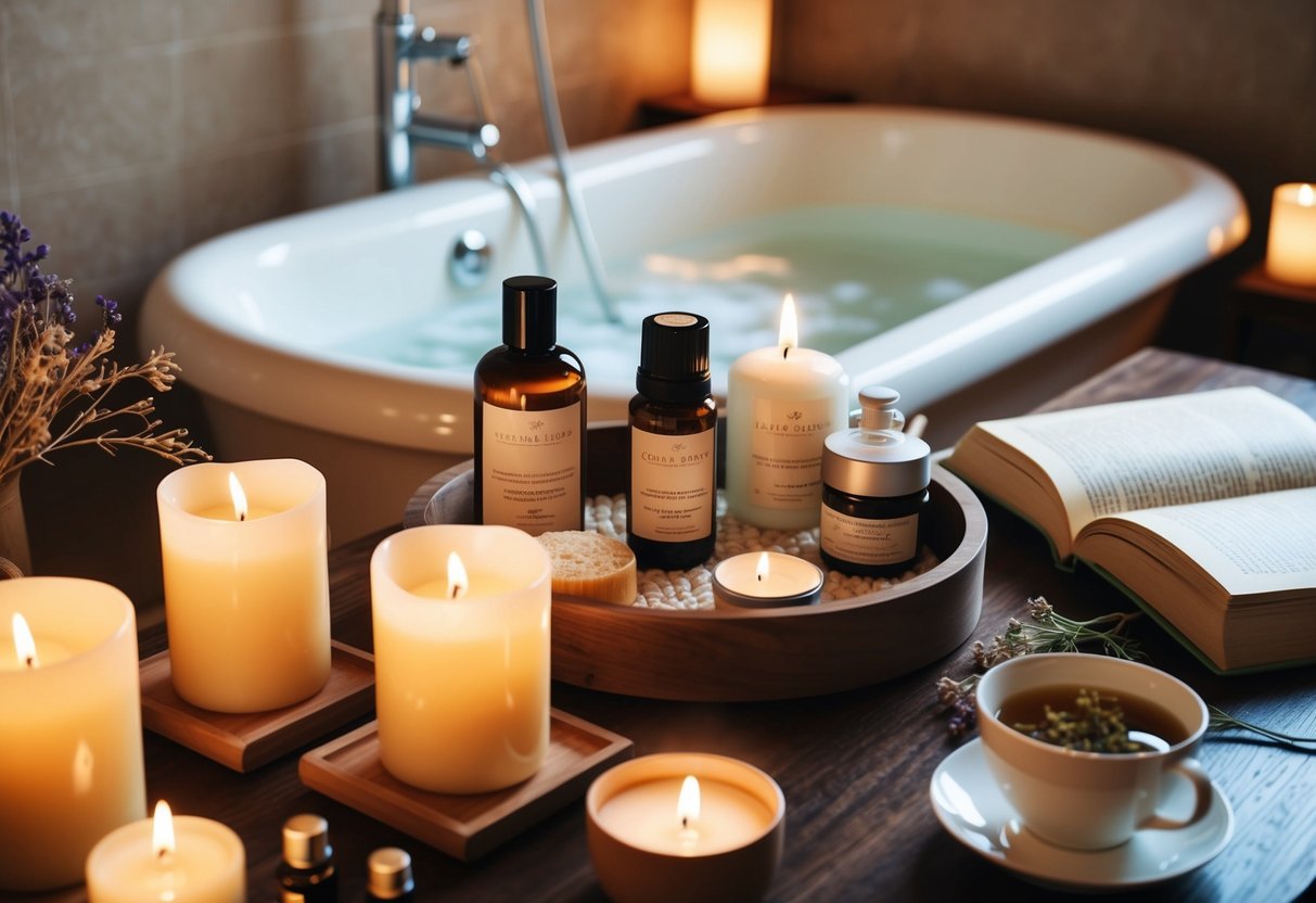 A cozy bathroom with lit candles, a fluffy robe, and a tray of skincare products and essential oils. A warm bath is drawn, with a book and a cup of herbal tea nearby