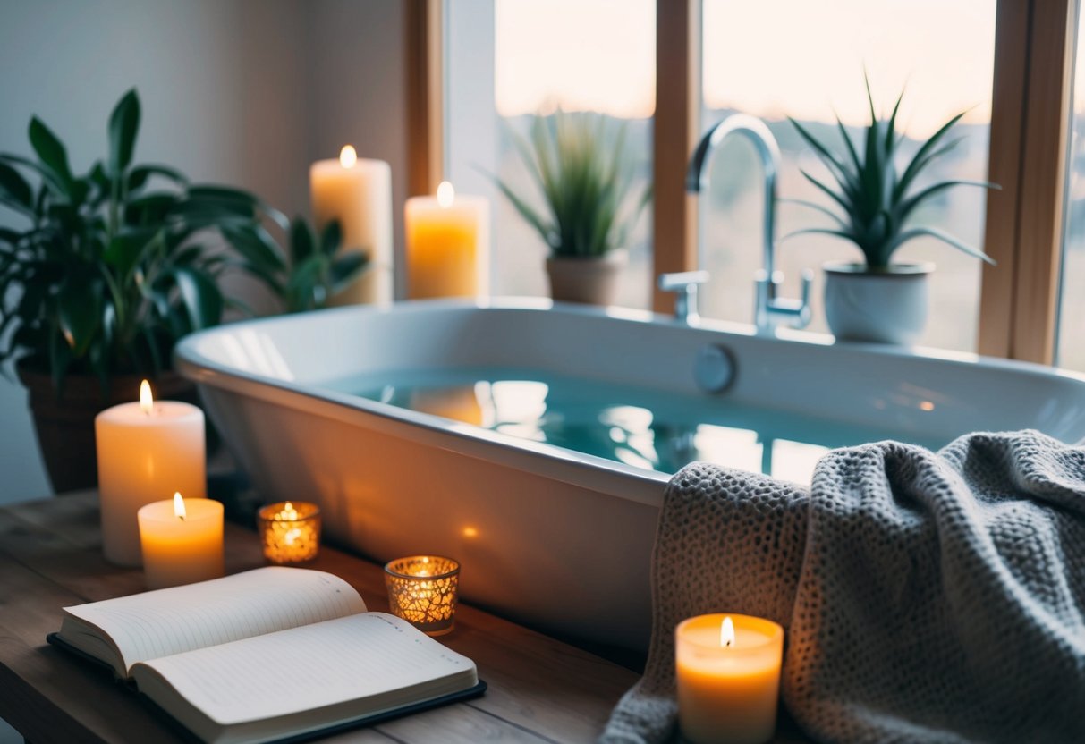 A serene setting with a warm bath, candles, plants, and a journal, surrounded by natural light and a cozy blanket